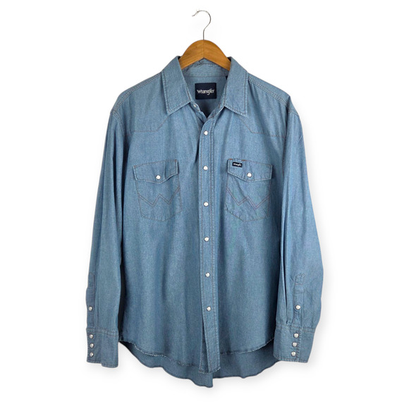 Wrangler Men's Medium Chambray Cowboy Cut Western Firm Finish Work Shirt Size XL - Picture 2 of 9